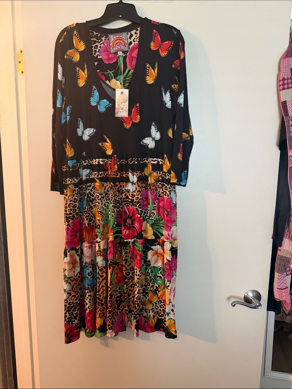 Johnny Was Black Floral & Butterfly Midi Dress with Leopard Accents